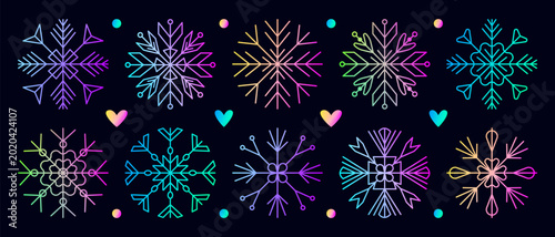 Foto Neon ultra acid snowflake set, shiny gradient snow flake collection, decorative