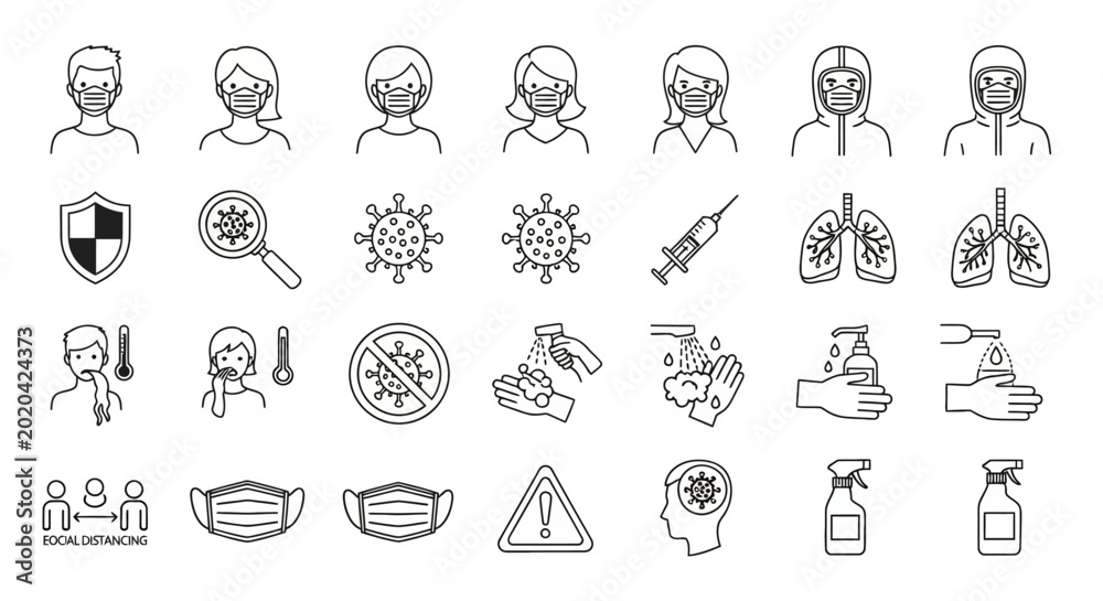 Εκτύπωση καμβά COVID-19, coronavirus, pandemic, icons, 25 line icons set, black and white, vect