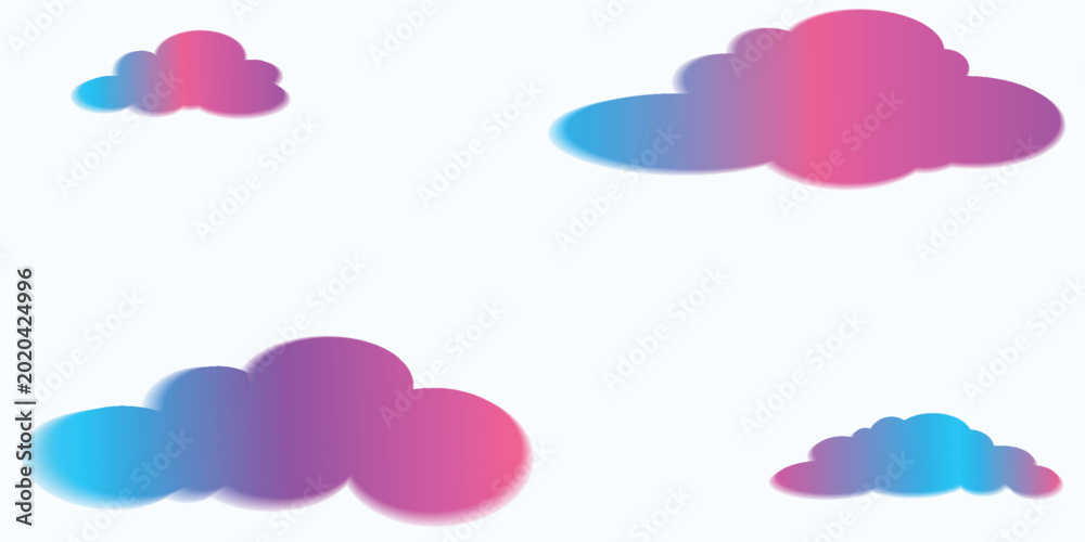 Fototapeta premium Vector illustration of stylized abstract clouds with vibrant blue, purple, and pink gradients on a clean white background. Modern minimalist design for creative branding, weather apps,