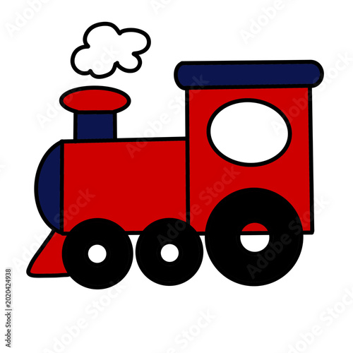 Obraz na płótnie A cheerful cartoon train chugs along winding tracks, surrounded by bright colors and playful scenery