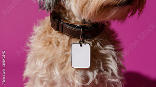 Cute furry dog wear brown leather collar with blank white pet tag for customization against vibrant pink background, close up studio shot