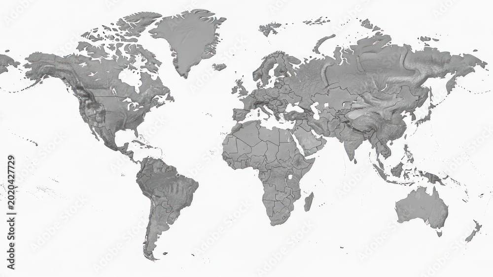 Fototapeta premium Detailed world map illustration rendered in a topographical style displaying national boundaries