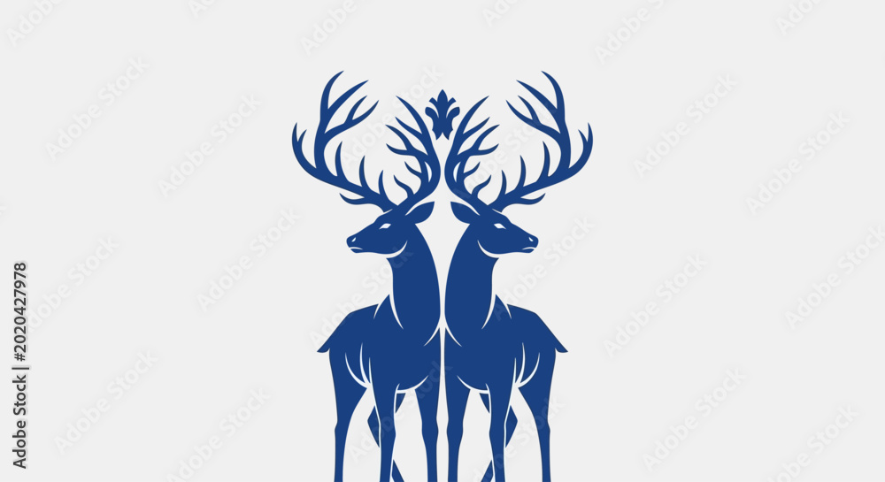 Fototapeta premium Majestic blue deer stag vector illustration with large antlers, symmetrical twin buck silhouettes for hunting club logo, elegant wildlife animal emblem for luxury branding
