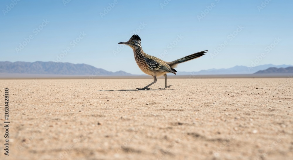Fototapeta premium Roadrunner walking on desert sand landscape.