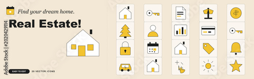 Foto Real Estate Vector Icon Set, 20 Minimalist Property Symbols in Yellow and Black,