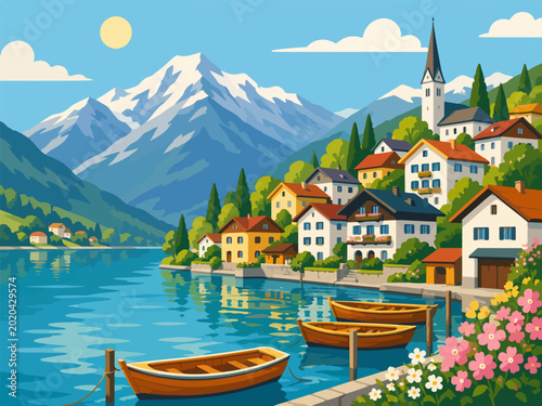 Fotografia Beautiful alpine lake village landscape with snow capped mountains wooden boat c