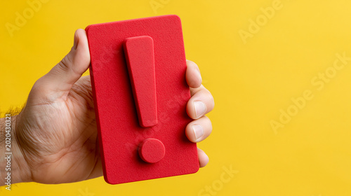 Attention Symbol: A hand firmly grasps a vibrant red exclamation mark against a bright yellow backdrop, instantly commanding attention and signaling an urgent message or critical information.