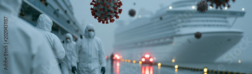 Global Health Crisis: In a dramatic scene, individuals in protective hazmat suits confront a looming cruise ship, amidst the looming presence of contagious elements.