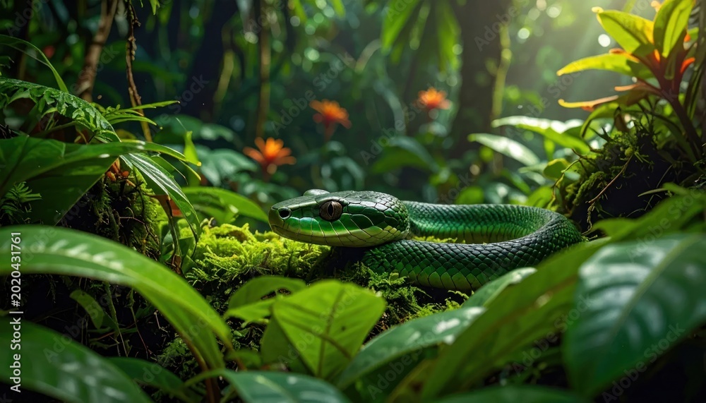 Obraz premium Green snake in tropical forest foliage.