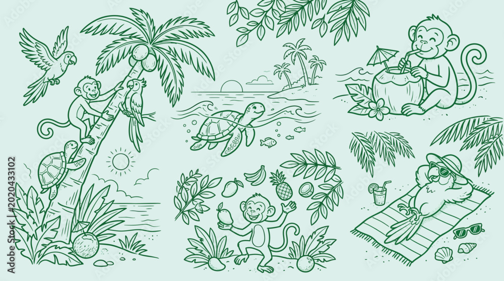 Αυτοκόλλητο Collection of tropical island illustrations featuring monkeys, palm trees, parrots, and turtles enjoying a vacation