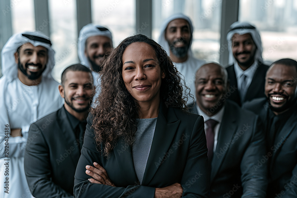 Obraz premium Diverse Corporate Team in Modern Office: Confident Woman Leading Men in Arab and Western Attire