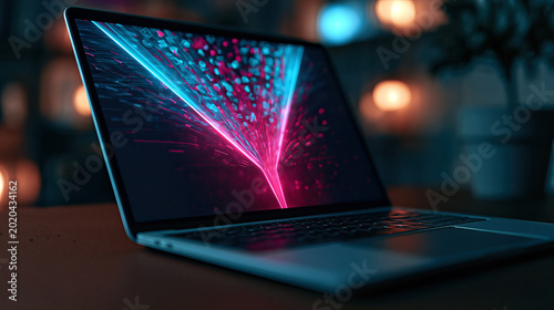 Vibrant Neon Digital Marketing Funnel on Laptop, Dark Ambiance, Creative Workspace Inspiration