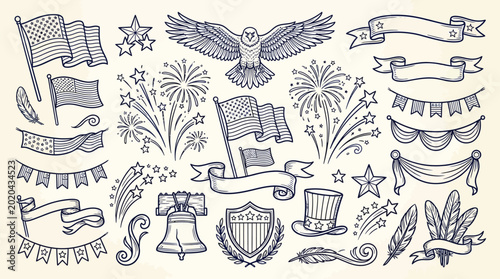 Foto Hand-drawn collection of patriotic American symbols and elements, including flags, eagles, fireworks, and banners, in a vintage sketch style