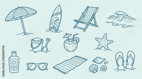 Bild auf Leinwand A collection of hand-drawn beach and summer vacation icons including an umbrella, surfboard, chair, waves, sand toys, coconut drink, starfish, sunscreen, sunglasses, towel, seashells, and flip-flops