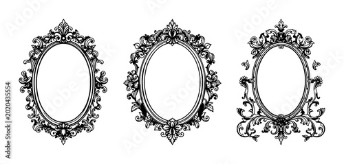 Fotografie Vanity mirror set with ornate Victorian line art featuring floral scrollwork, elegant frame, black ink with white background and illustration