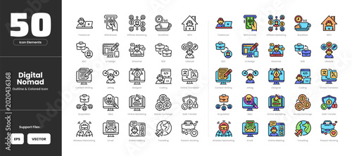 Photos Digital nomad icon set collection - colored outline line art style