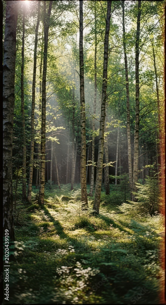 Fototapeta premium Sunlight Piercing Through Forest Canopy Creating Beautiful Scene.