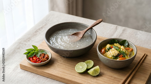 Traditional Papuan papeda isolated on neutral background with realistic sago texture and fish broth. Perfect for menus and cultural food branding.