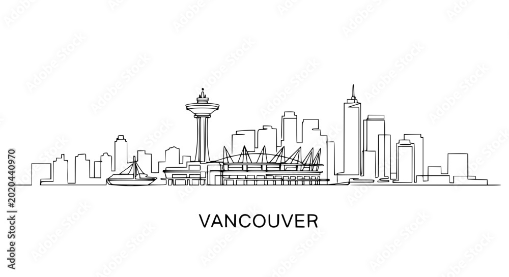 Obraz premium Vancouver Skyline Line Art - Cityscape Drawing with Landmark Buildings