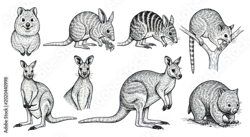 Australian Wildlife Collection: Kangaroo, Koala, Wombat, Quokka, Possum Illustrations