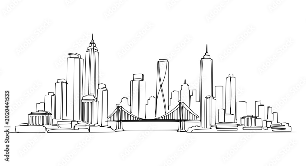 Fototapeta premium Minimalist Line Art Cityscape with Bridge and Skyscrapers on White Background