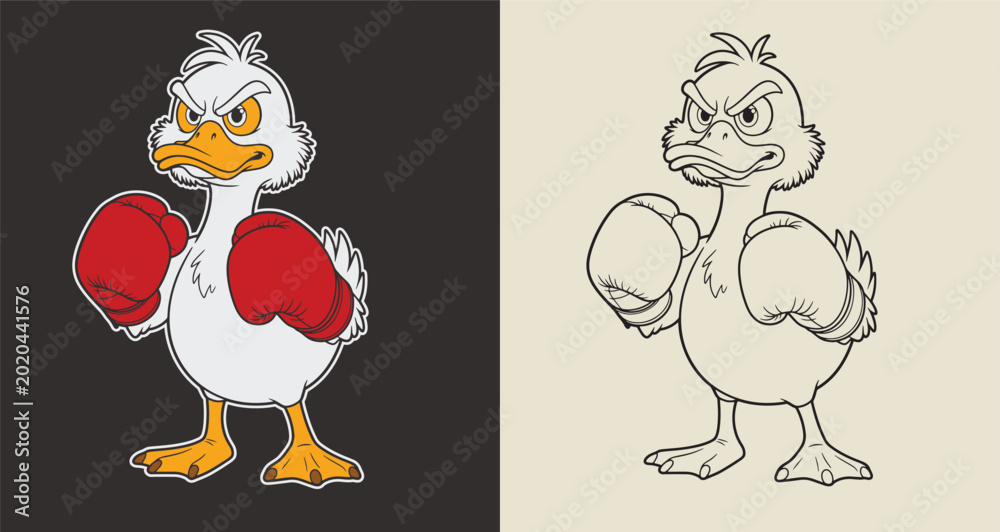 Εκτύπωση καμβά Boxing duck mascot cartoon character with red gloves wearing angry expression vector illustration set