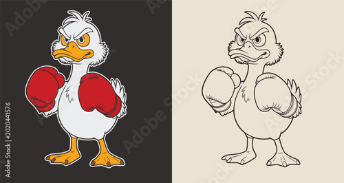 Quadro su tela Boxing duck mascot cartoon character with red gloves wearing angry expression vector illustration set
