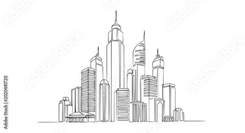 Modern Cityscape Line Drawing: Abstract Skyline of Tall Buildings and Skyscrapers