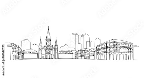 New Orleans Skyline Line Art: French Quarter Architecture and Modern Buildings