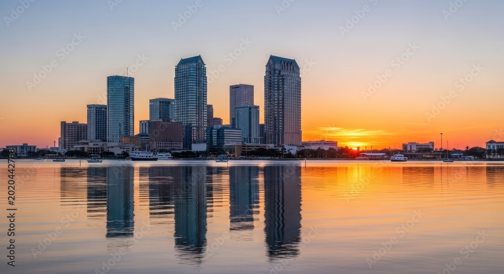 Fototapeta premium Sunrise over the City Skyline Reflecting on the Water.