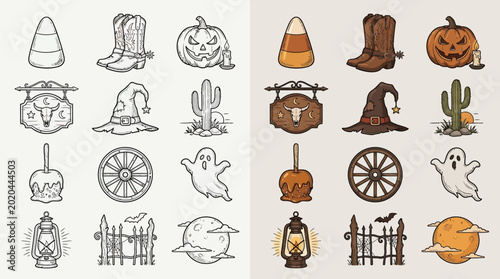 Foto Collection of Halloween and Western themed icons in two styles, line art and color