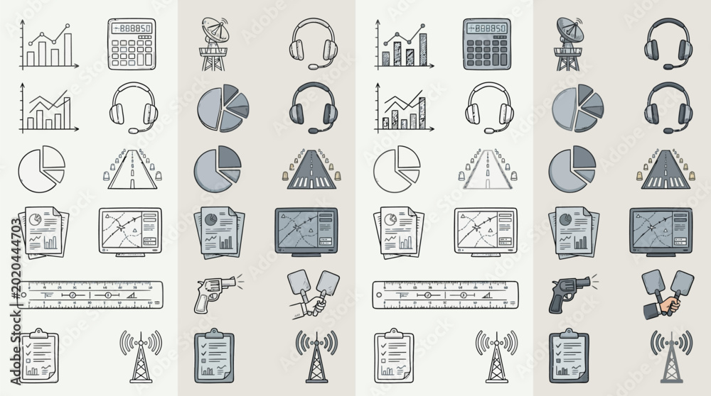 Αυτοκόλλητο Set of business and finance icons in a hand-drawn style, representing various concepts like data analysis, communication, and technology