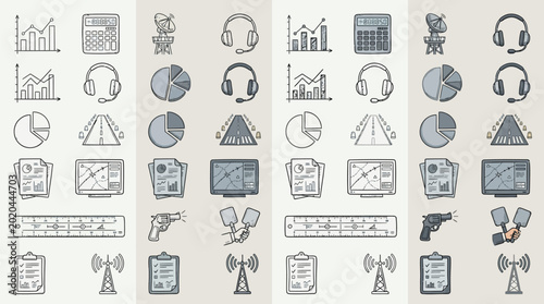 Photos Set of business and finance icons in a hand-drawn style, representing various concepts like data analysis, communication, and technology