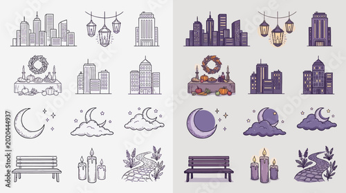 Fotografie Collection of stylized icons representing cityscapes, holidays, celestial bodies, and nature elements, presented in both outline and filled versions