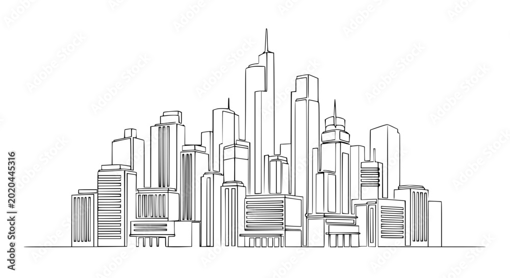 Fototapeta premium Modern Cityscape Sketch: Minimalist Line Art of Tall Buildings and Skyscrapers