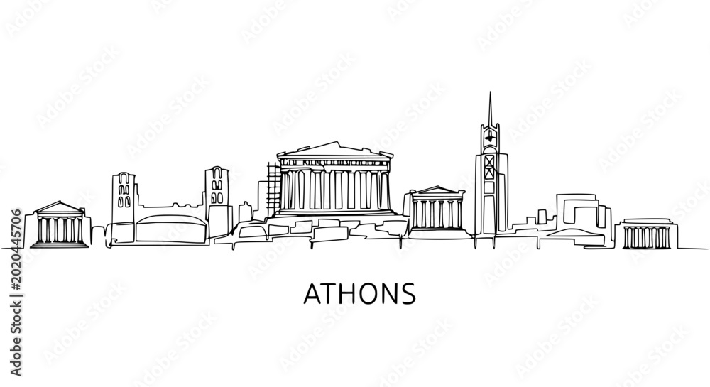 Fototapeta premium Athens Skyline Silhouette Drawing, Ancient Greek Architecture, Acropolis Landmark