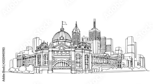 Melbourne Skyline Sketch - Iconic Federation Square Architecture Drawing