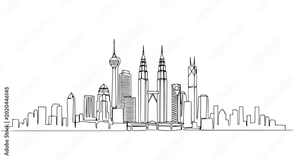 Obraz premium Modern City Skyline Continuous Line Drawing, Urban Landscape Silhouette