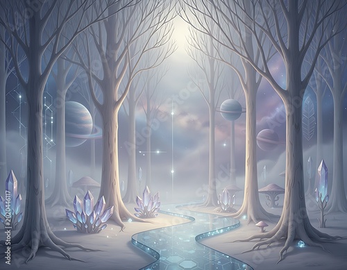 Enchanted Alien Forest with Glowing Crystals and Celestial Planets.