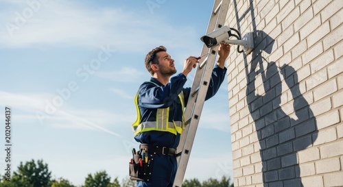 Technician installing security camera on brick building exterior.