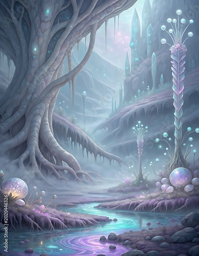 Enchanted Alien Landscape with Glowing Bioluminescent Flora and Mystical Stream.