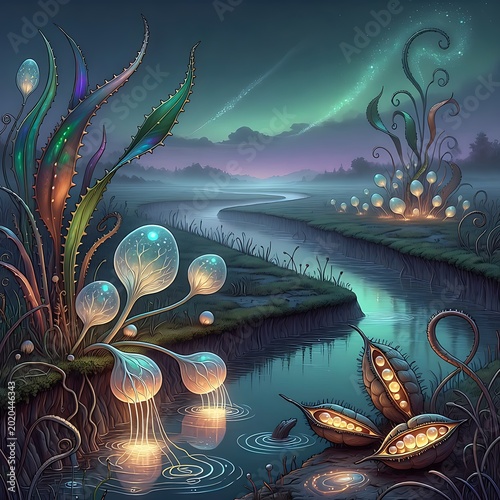 Enchanted Alien Landscape with Glowing Bioluminescent Flora and Serene River.