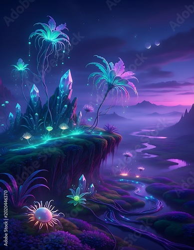 Enchanted Alien Landscape with Glowing Flora and Crystals at Twilight.
