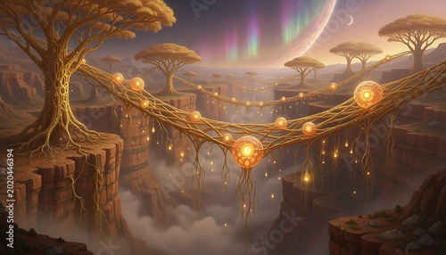 Enchanted Alien Landscape with Glowing Tree Bridges and Floating Spheres.
