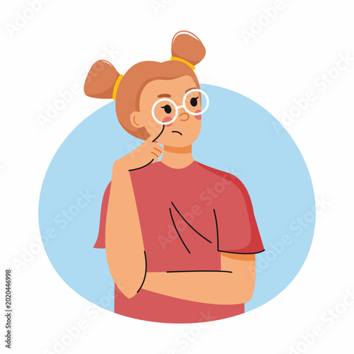teenage girl with glasses. thoughtful expression on his face. Emotions and mood.