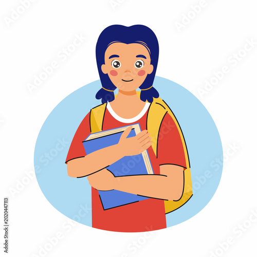 teenage girl with backpack holds book in her hands. School illustration for design of postcard for September 1st.