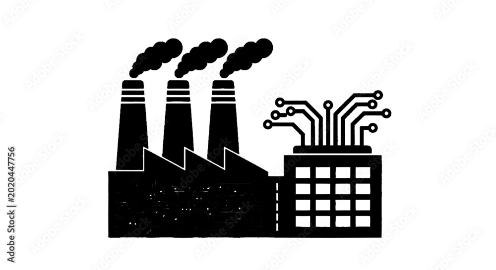 Obraz premium Minimal black silhouette icon, simple flat vector, bold black shape, no, no shading industrial factory icon with smoke stacks and circuit board technology on a, flat icon style