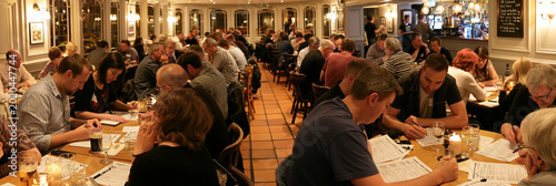 Engaging Quiz Night Dinner  Multicultural Group Celebrating with Food  Fun  and Laughter in a Dining Hall Setting