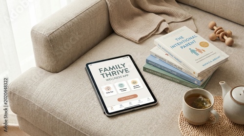 Tablet showing wellness app next to parenting books on a sofa. It reflects conscious living and mindful education for modern families. Use for lifestyle blogs and parenting articles.