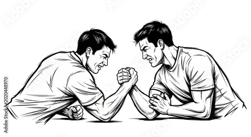 Fotografie Arm Wrestling Challenge, Two Men Competing in Strength Duel, Intense Competition